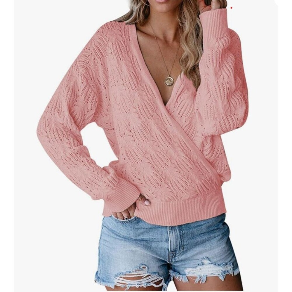 Womens Crochet Knit Wrap Sweater‎ Sz S Soft Pink Cottage Feminine Casual School